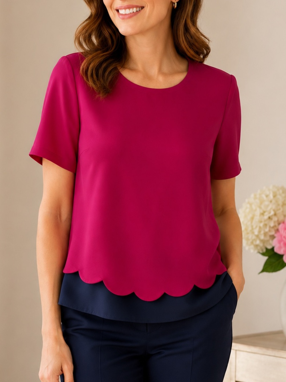 A.L.C. Adams Magenta Pink Navy Blouse Scalloped Hem Double Layer Designer Luxe 6
